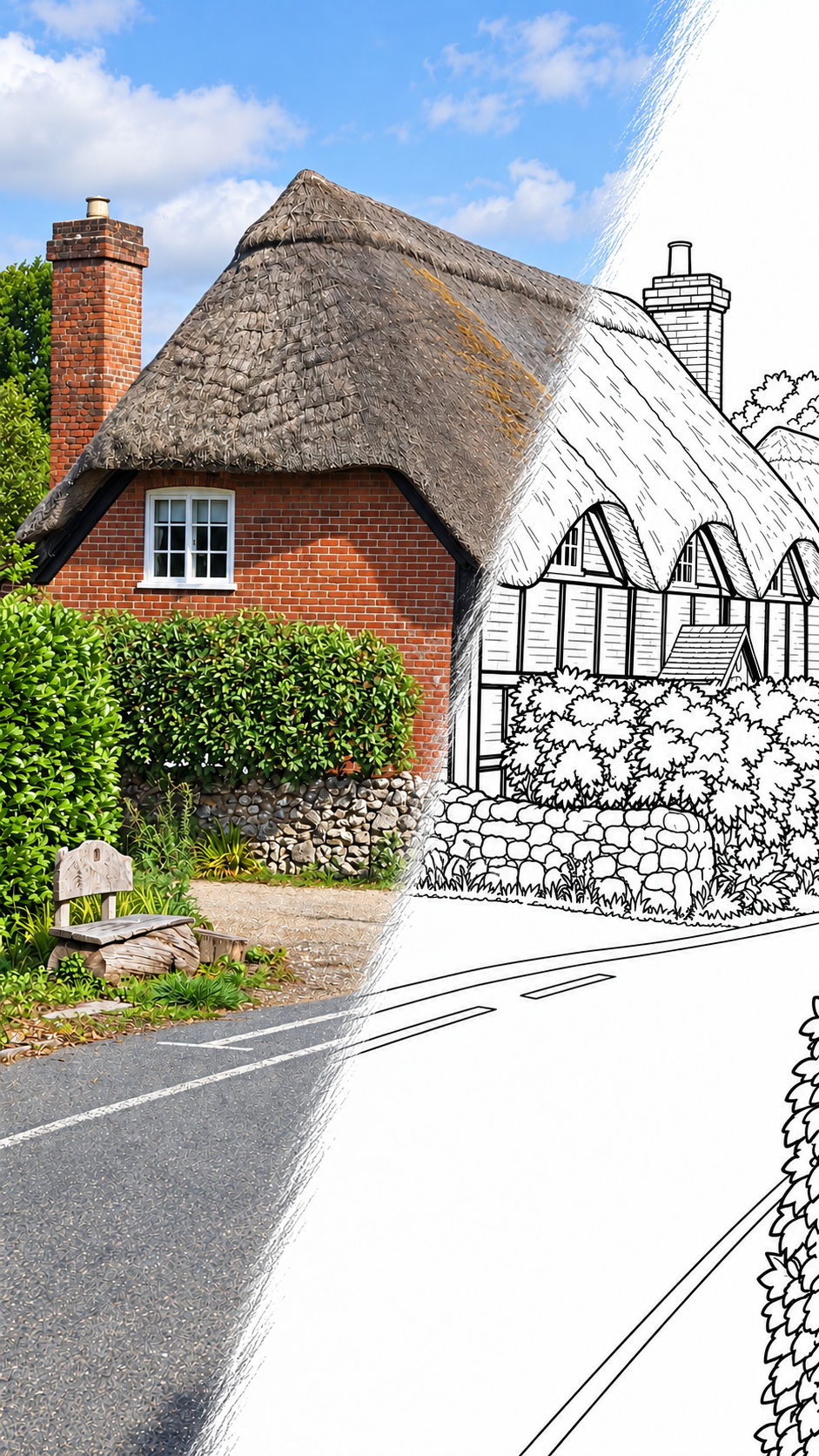 A Hampshire thatched cottage shown as refined colour artwork and finished black and white colouring artwork
