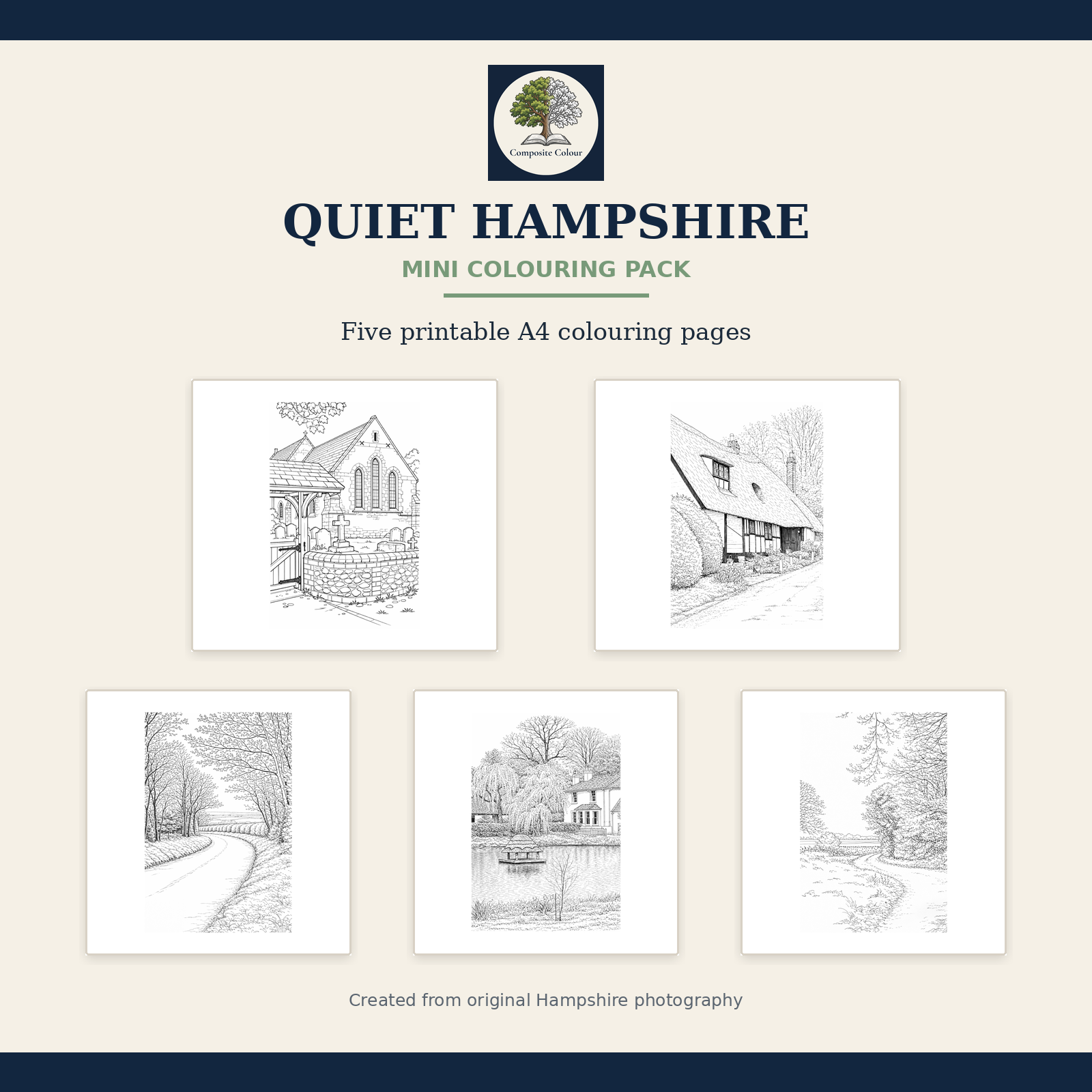Quiet Hampshire Mini Colouring Pack with previews of all five printable countryside scenes