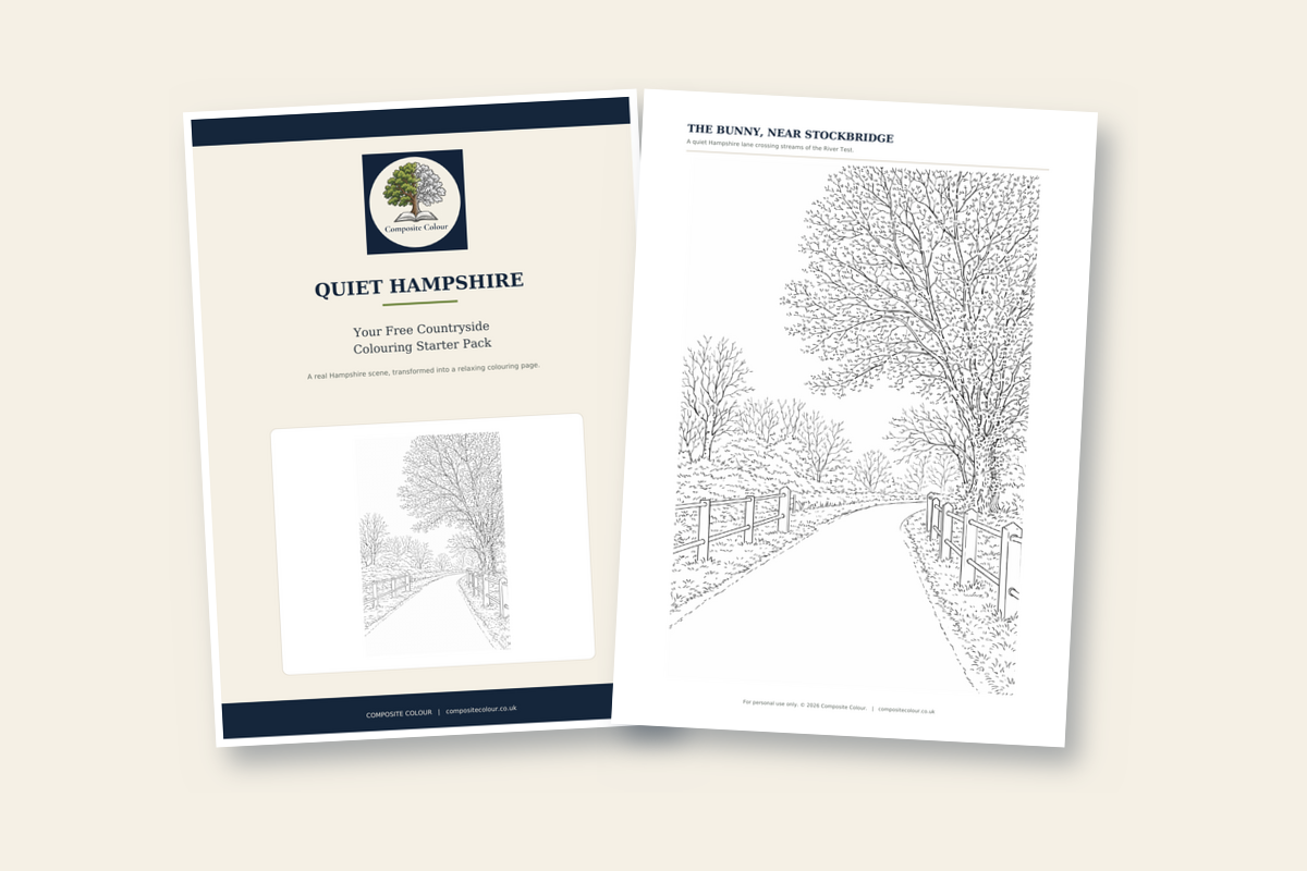 Preview of the free Quiet Hampshire Starter Pack, showing an original photograph and its countryside colouring page
