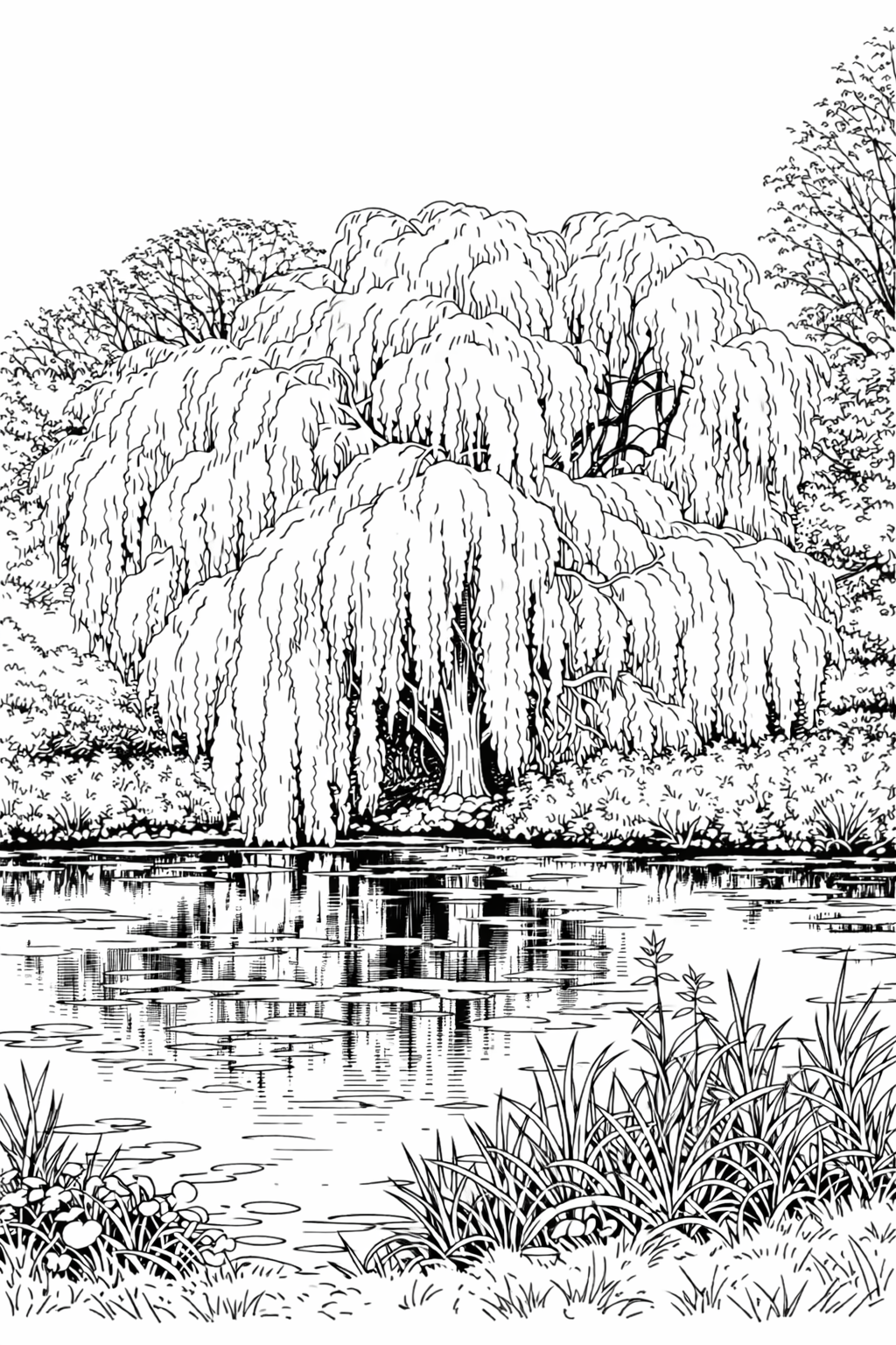 Willow and waterside colouring page from Quiet Hampshire Book One
